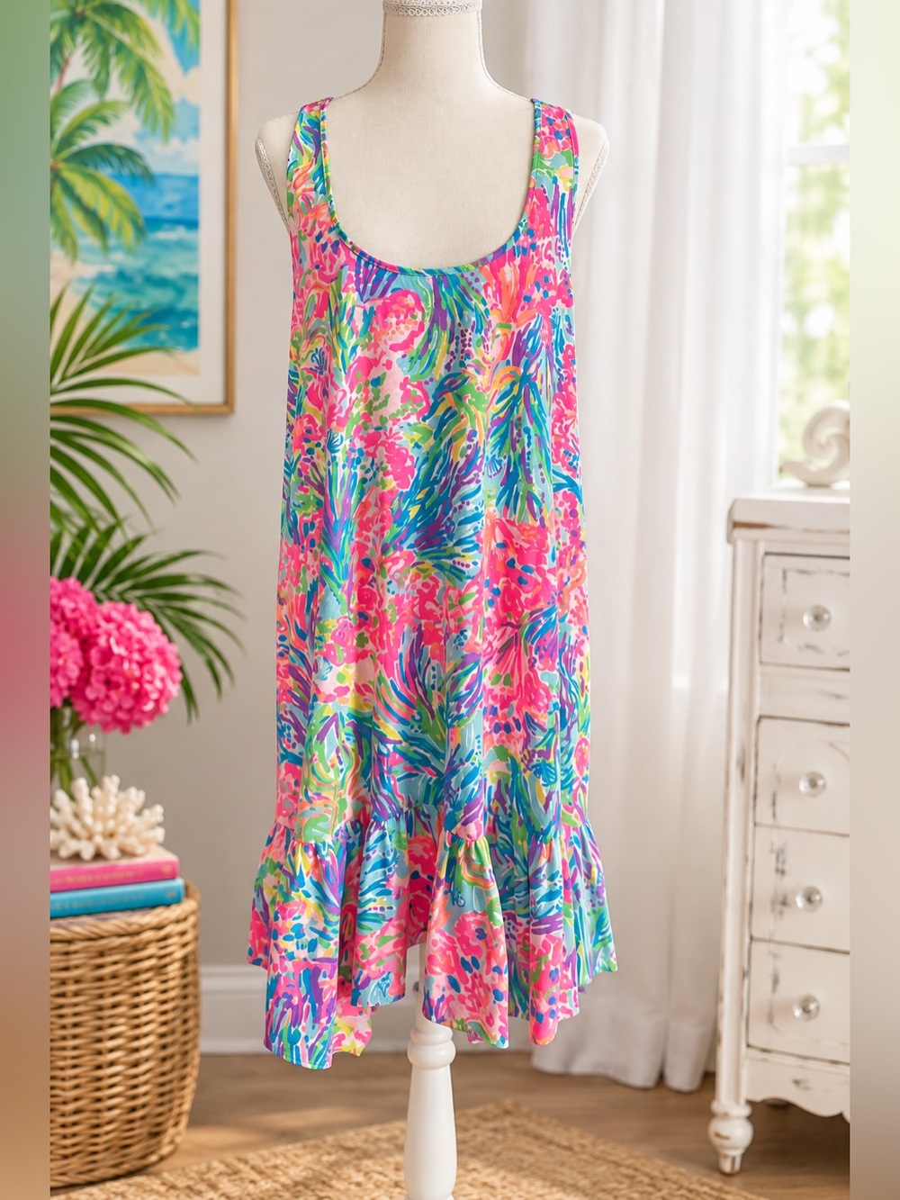 Lilly Pulitzer XL Pink Tropics Floral Racerback Swing Dress Ruffle Hem Resort